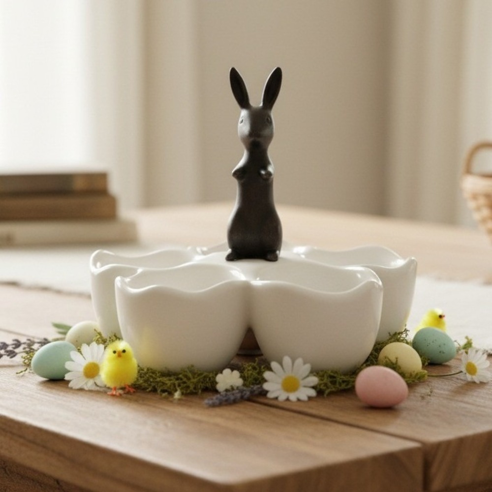 Mud Pie White Ceramic Brown Bunny rabbit Eggs Holder Easter